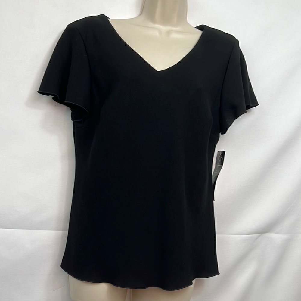 S.l.Fashions Black v neck pop over flutter sleeve blouse size 14 NWT